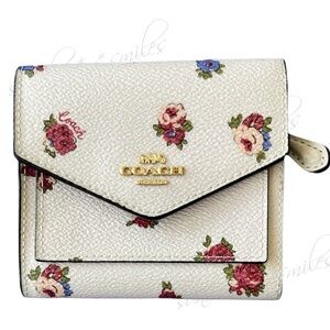 COACH Cream Floral Printed Coated Canvas Tri-Fold & Tan Leather Zip Coin Wallet